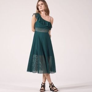 NWT Sandro Emerald Green Ruffle Eyelet One Shoulder Midi Dress Size EU 2/US Med